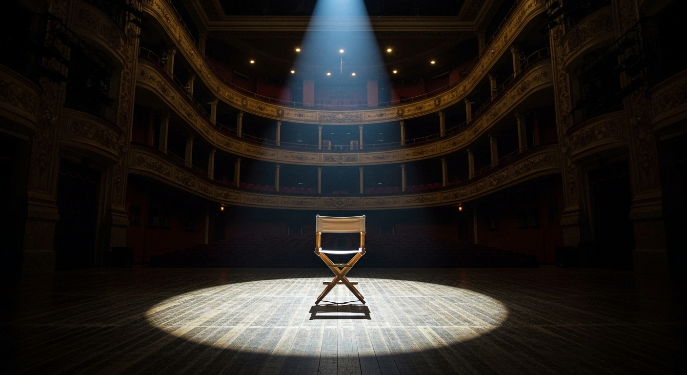 An empty, grand proscenium arch stage is illuminated by a single spotlight, with a vintage director's chair center stage, symbolizing the profound legacy of renowned Maltese actress and theatre director Marylu Coppini following her passing.