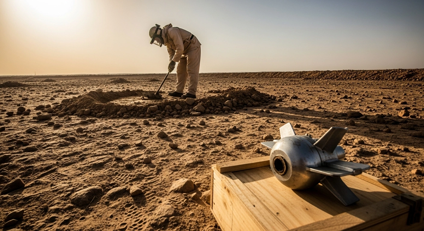 A demining specialist works in a desert landscape in Yemen as part of the Masam humanitarian project to remove explosive devices and landmines.