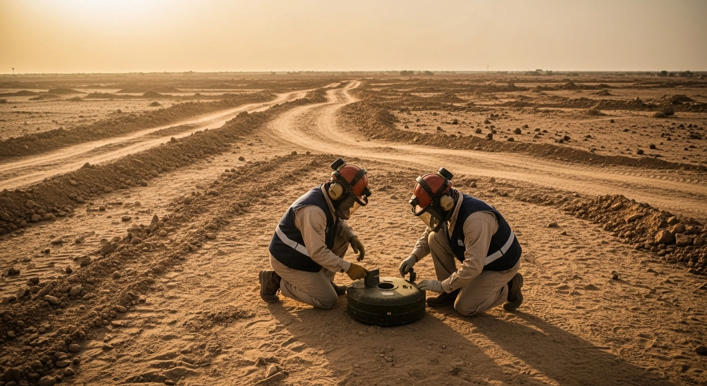 Demining experts from the Saudi-funded Masam project work to clear unexploded ordnance from a field in Yemen to ensure civilian safety.
