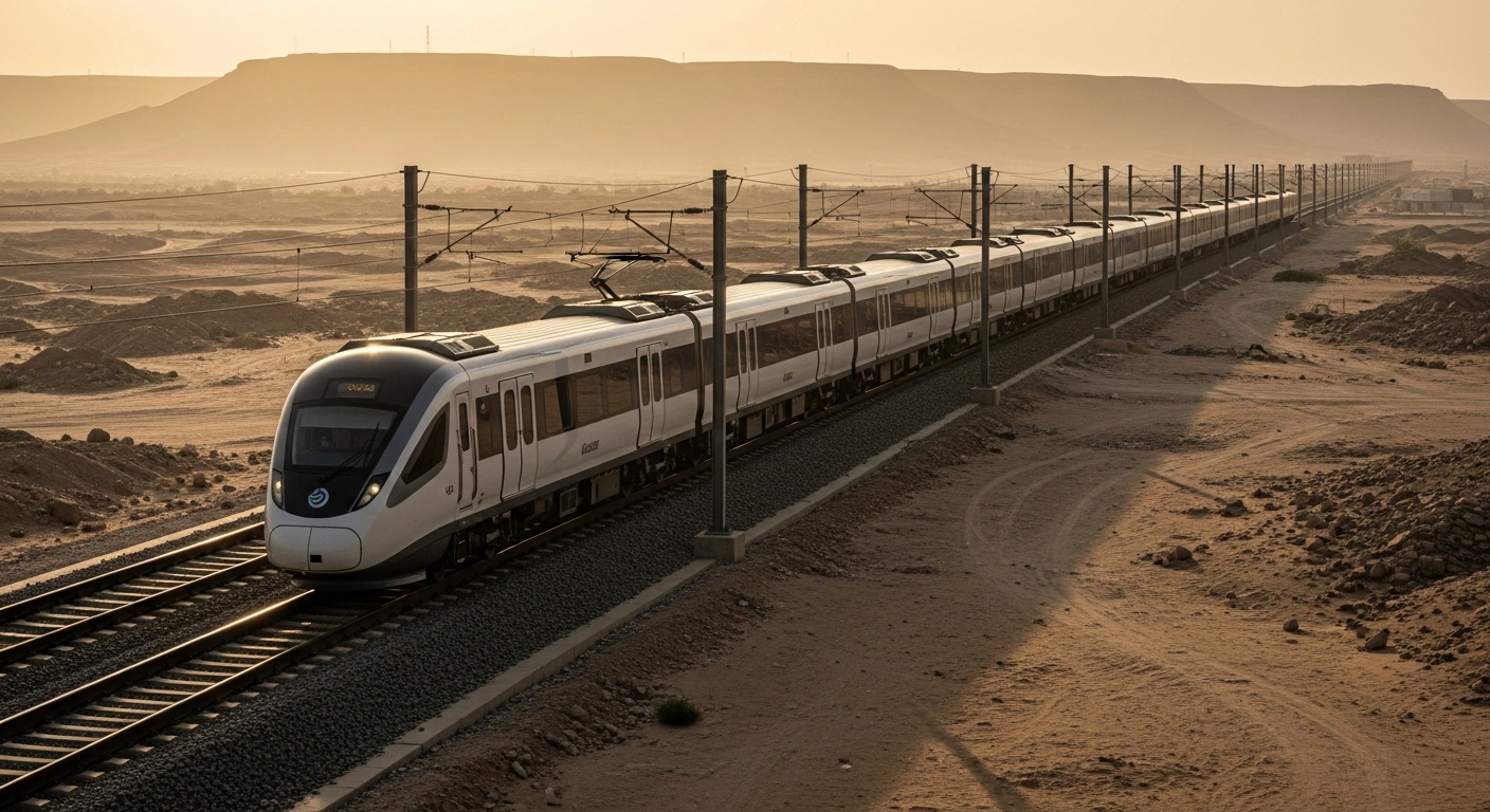 The Mashair Metro train transports pilgrims across the desert landscape during the annual Hajj season in Saudi Arabia.