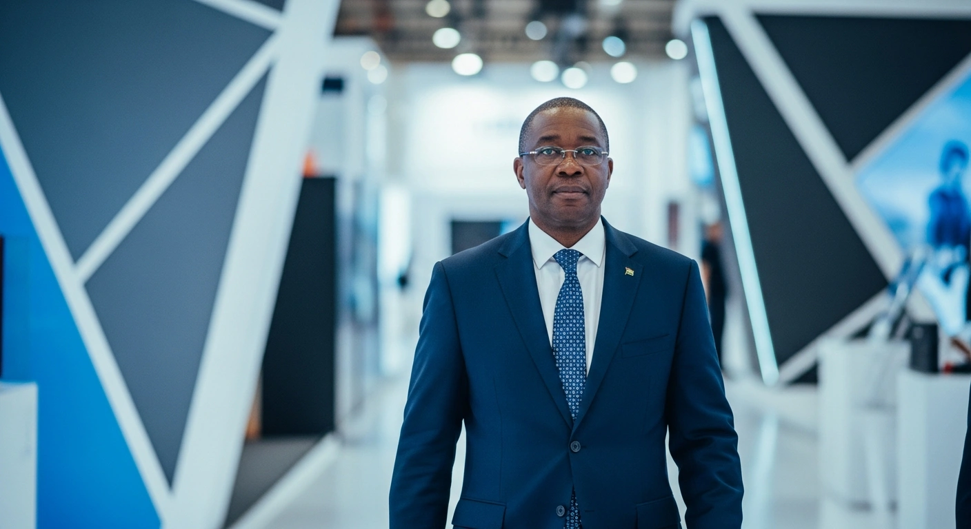 South African Deputy President Paul Mashatile walks through a modern exhibition hall during a high-level working visit to the China International Supply Chain Expo in Beijing.