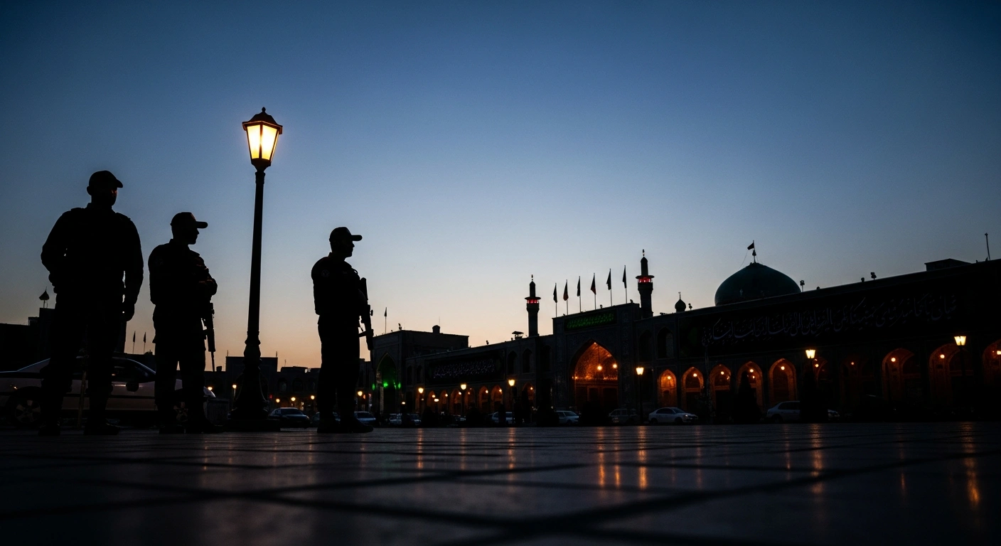 Security personnel stand guard in a city square in Mashhad following an attack on two members of the Basij paramilitary force during a period of national mourning.