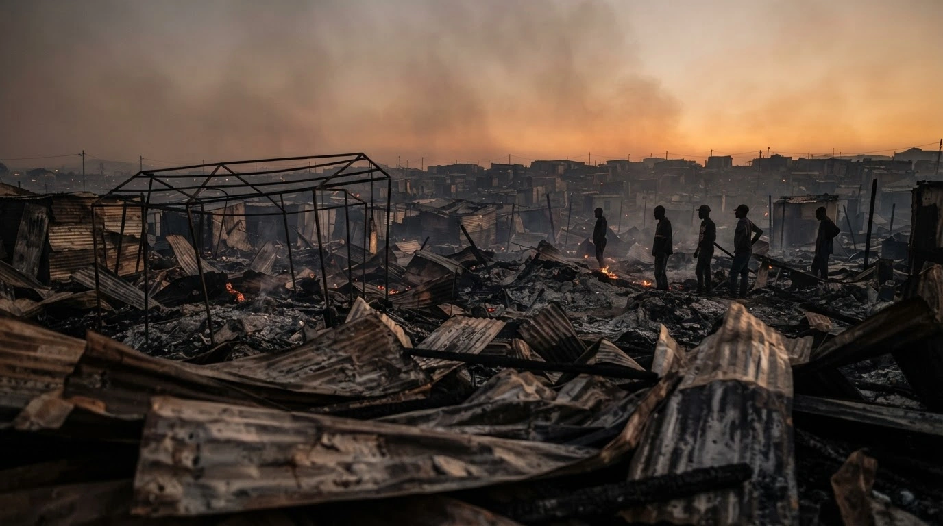 The charred remains of destroyed shacks at the Masinenge informal settlement in KwaZulu-Natal after a devastating fire left hundreds of residents homeless.