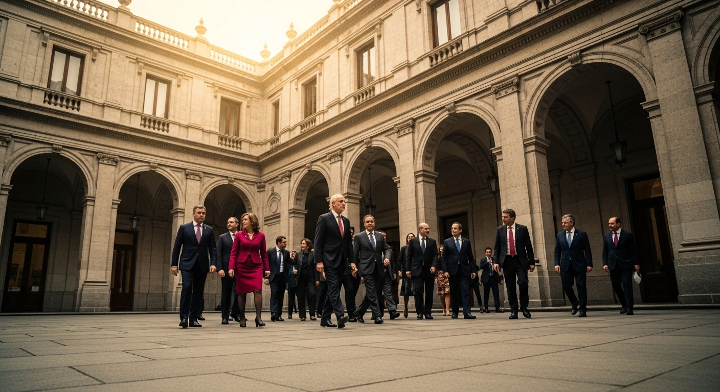 International Masonic delegations walk through the courtyard of La Moneda Palace in Santiago during the Grand Lodge of Chile leadership transition.