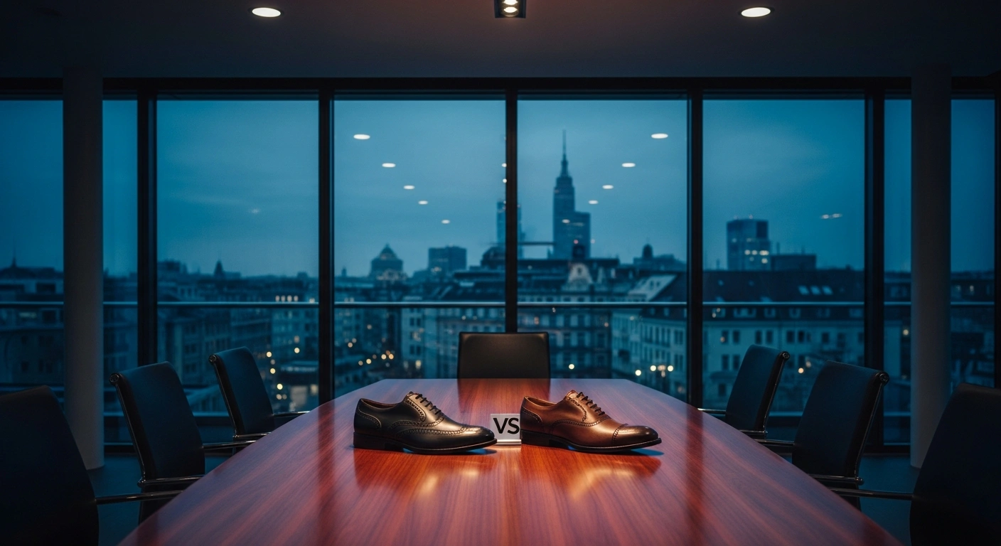 A pair of high-quality leather shoes sits on a boardroom table, representing the successful acquisition of the Austrian retailer Leder and Schuh by the Slovenian company Mass.