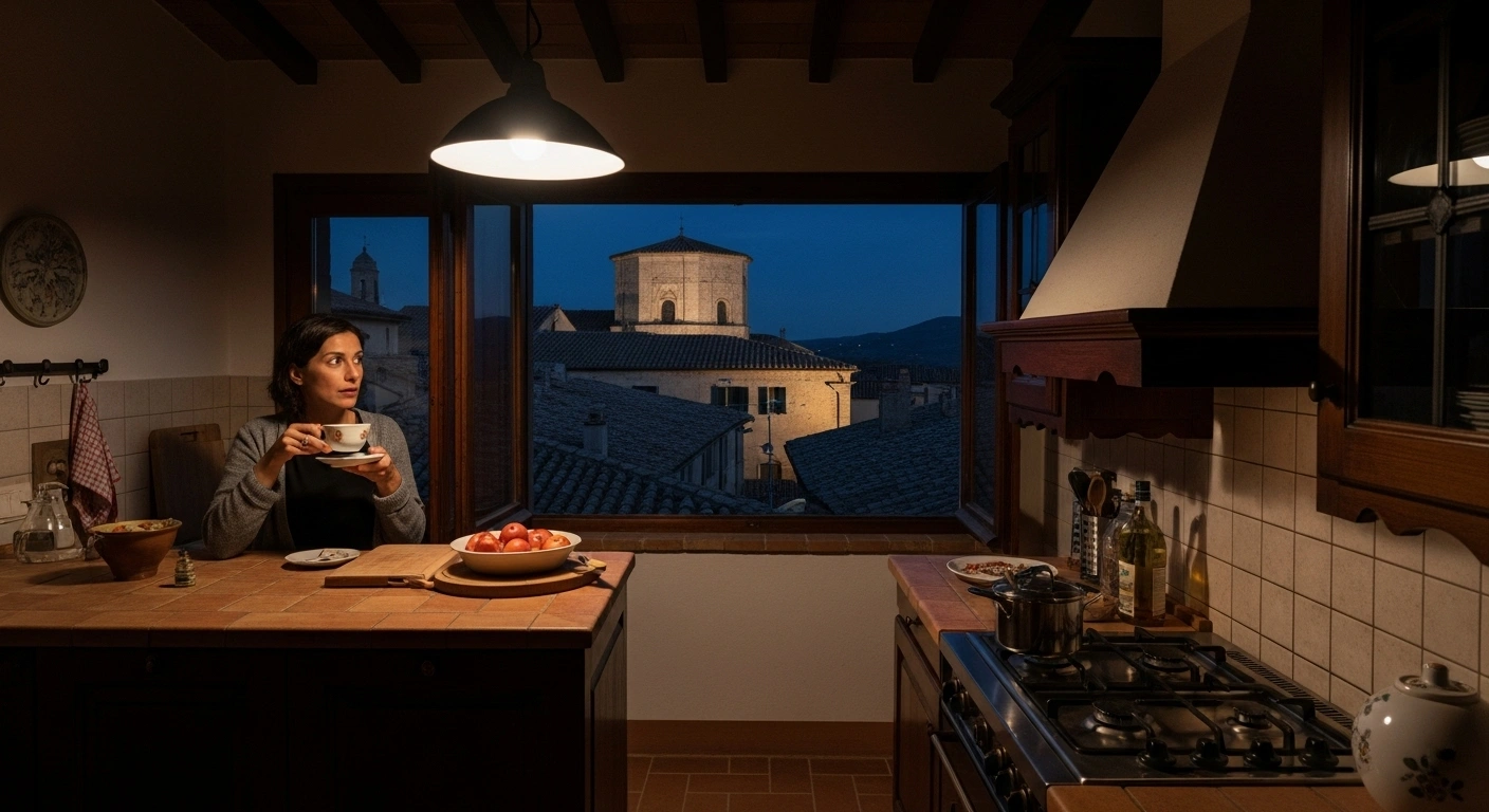 A woman in a rustic Italian kitchen reacts with apprehension as a pendant light sways slightly, while outside, moonlit rooftops remain undisturbed after a magnitude 3.8 earthquake struck near Massa Martana, Italy.