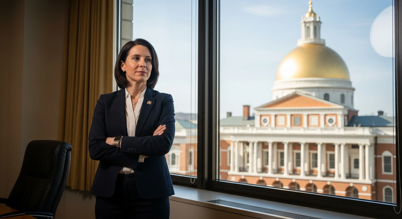 Massachusetts Governor Maura Healey stands in a bright office after signing legislation that codifies reproductive healthcare and abortion rights in the state.