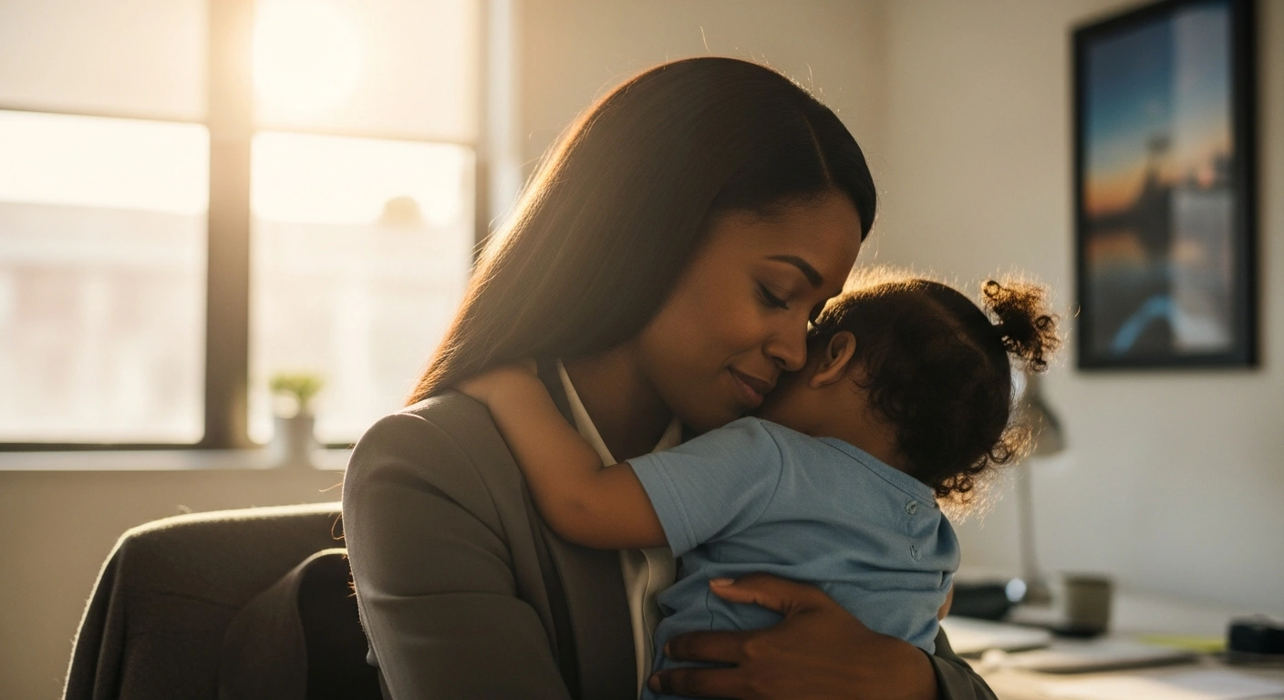 A professional woman holds her adopted child in a sunlit office, representing the Supreme Court of India's ruling on maternity leave rights for adoptive mothers.