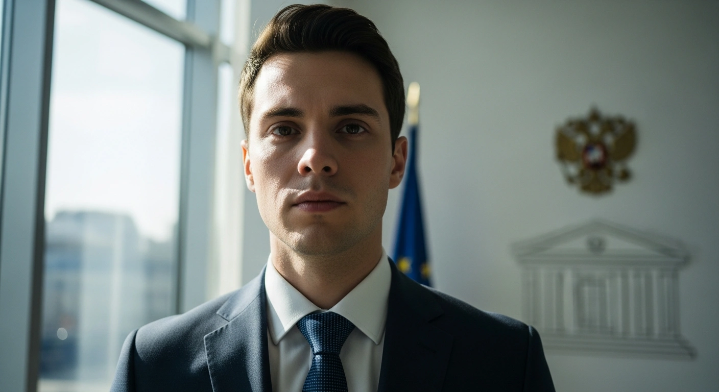Mathias Solli, the newly appointed political adviser to Norway's Minister of Defence, Tore O. Sandvik, stands confidently in a modern government office, illuminated by natural light, reflecting his serious and determined demeanor.