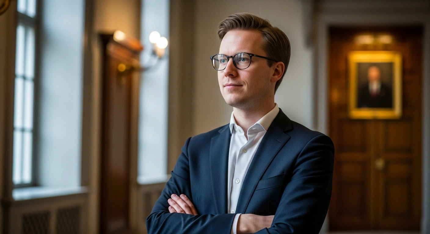 A young man, Mathias Solli, stands confidently in a government building, having been appointed as the new political adviser to Norway's Minister of Defence, Tore O. Sandvik, in the Ministry of Defence.
