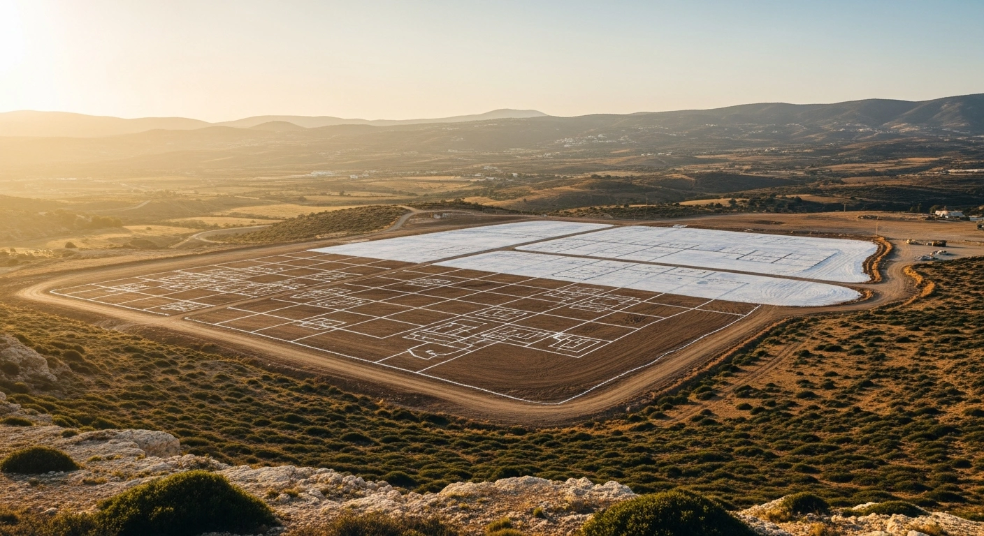 An aerial view of the designated land in Mathiatis, Cyprus, where the new central prison facility will be constructed to modernize the national correctional system.