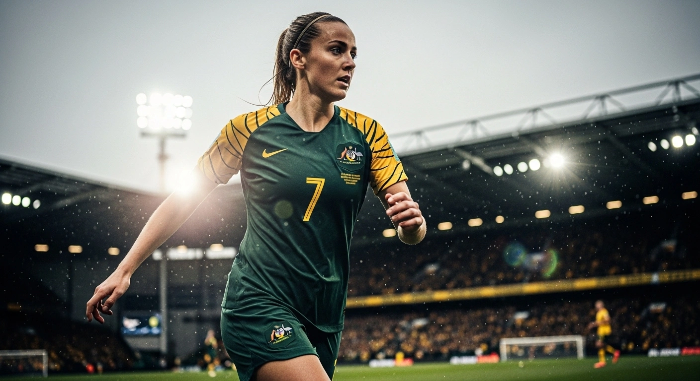 Sam Kerr, captain of the CommBank Matildas, runs determinedly on the rain-slicked pitch of Cardiff City Stadium during her highly anticipated return to the starting lineup after a 725-day injury layoff, following the Matildas' 2-1 victory over Wales.