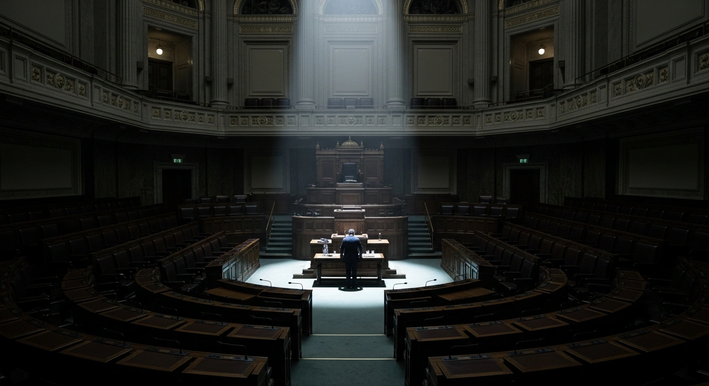 A lone figure stands illuminated by a spotlight at a podium within a grand, dimly lit parliamentary chamber, representing the debate in South Africa's National Assembly over the controversial 30% matric pass mark and the rejection of a motion to increase educational standards.