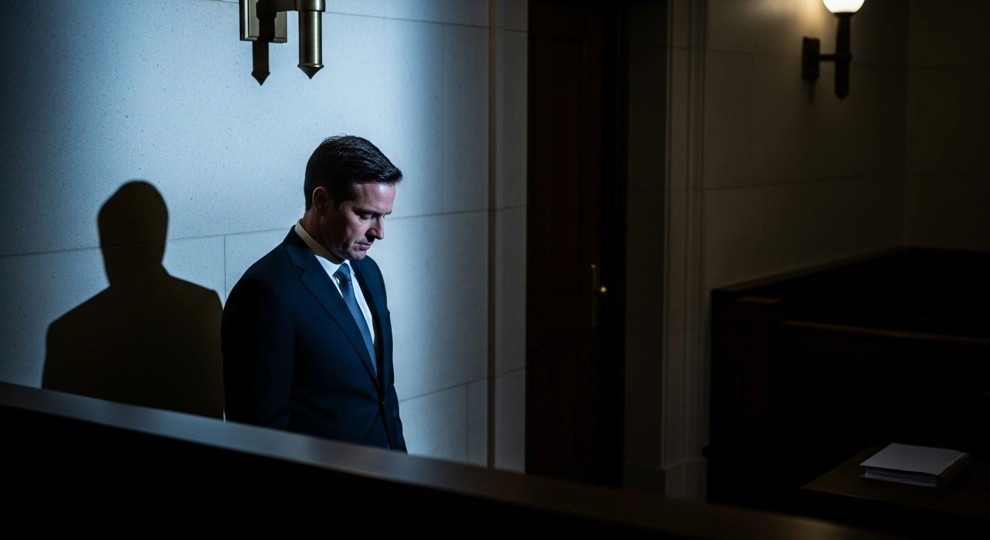 Matthew Torbitt stands in a dimly lit courtroom hallway following his guilty plea for fraud involving parliamentary expenses.