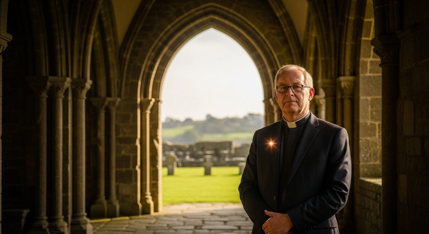 The Venerable Matthew Trick stands in the historic stone doorway of a cathedral as the newly appointed Dean of Guernsey.