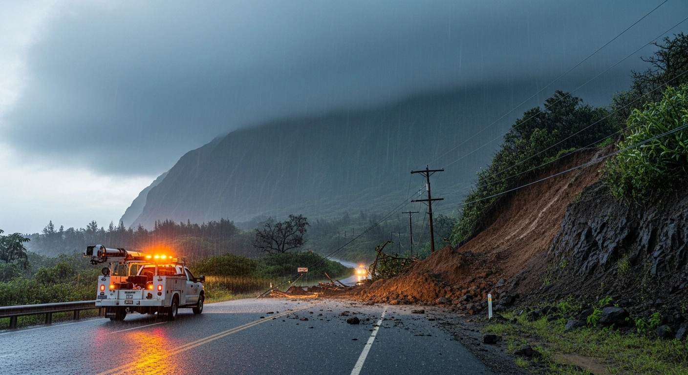 Emergency utility workers inspect a landslide and downed power lines on a flooded road in Maui following a severe Kona storm.