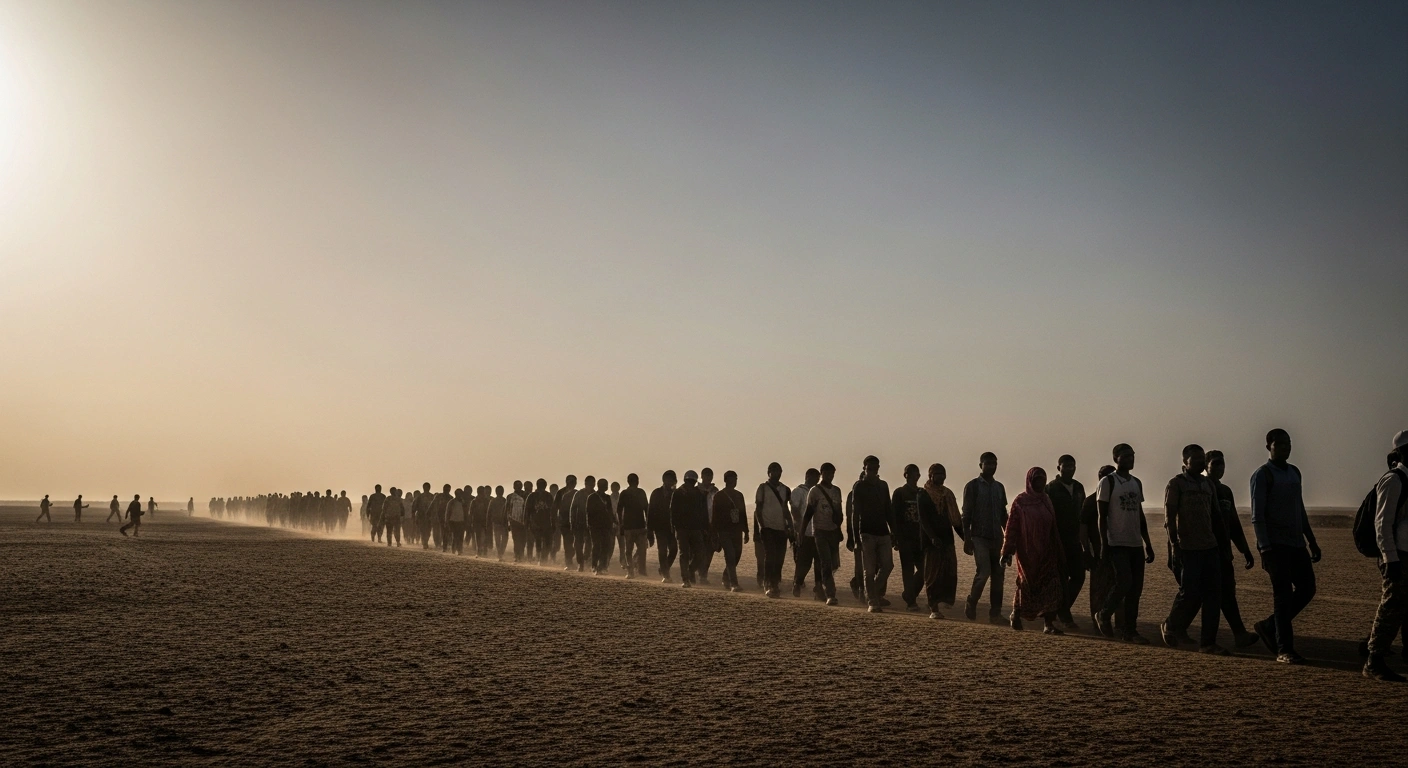 A wide, low-angle photograph captures a somber line of African migrants walking across a desolate, dusty landscape under a harsh sun, flanked by uniformed personnel, symbolizing the Mauritanian deportation campaign following an EU agreement.