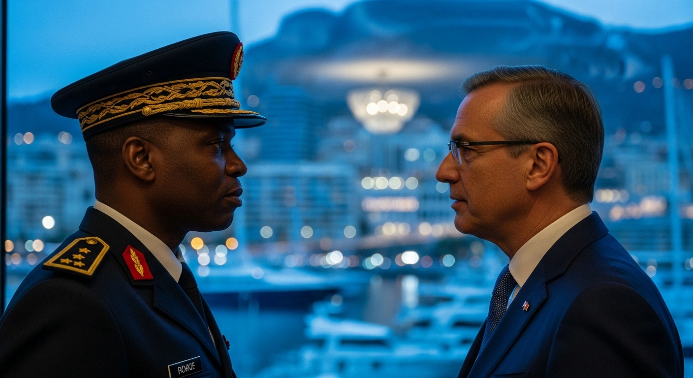 Mauritanian Brigadier General Abou EL MAALY EL HADY SIDI OULD AMAR and a Monacan official are shown in a formal meeting, representing the strengthened 25-year partnership in safety, security, firefighting techniques, and crisis management, renewed through 2027, following the Mauritanian civil security officials' visit to Monaco.
