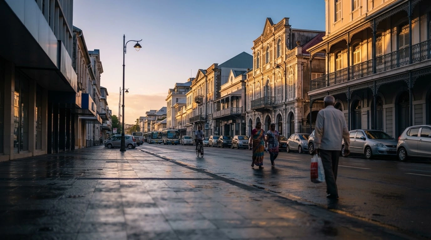 A peaceful street scene in Mauritius at sunrise following the official lifting of the nationwide nighttime curfew.