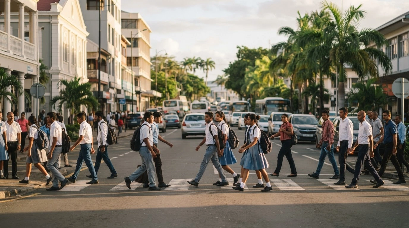 A bustling street scene in Mauritius shows students and citizens returning to their daily routines as the nation lifts curfew restrictions and resumes full operations.