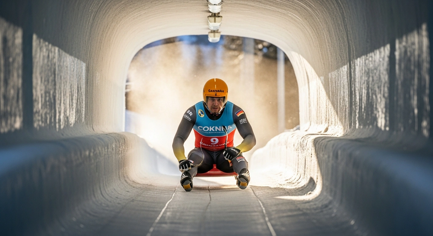 A low-angle, wide shot captures German luger Max Langenhan in a blur of motion on a pristine ice track at the Cortina Sliding Centre, his helmeted head sharply focused as he navigates the course, reflecting his commanding lead and track records at the 2026 Winter Olympics in Cortina d'Ampezzo, Italy.