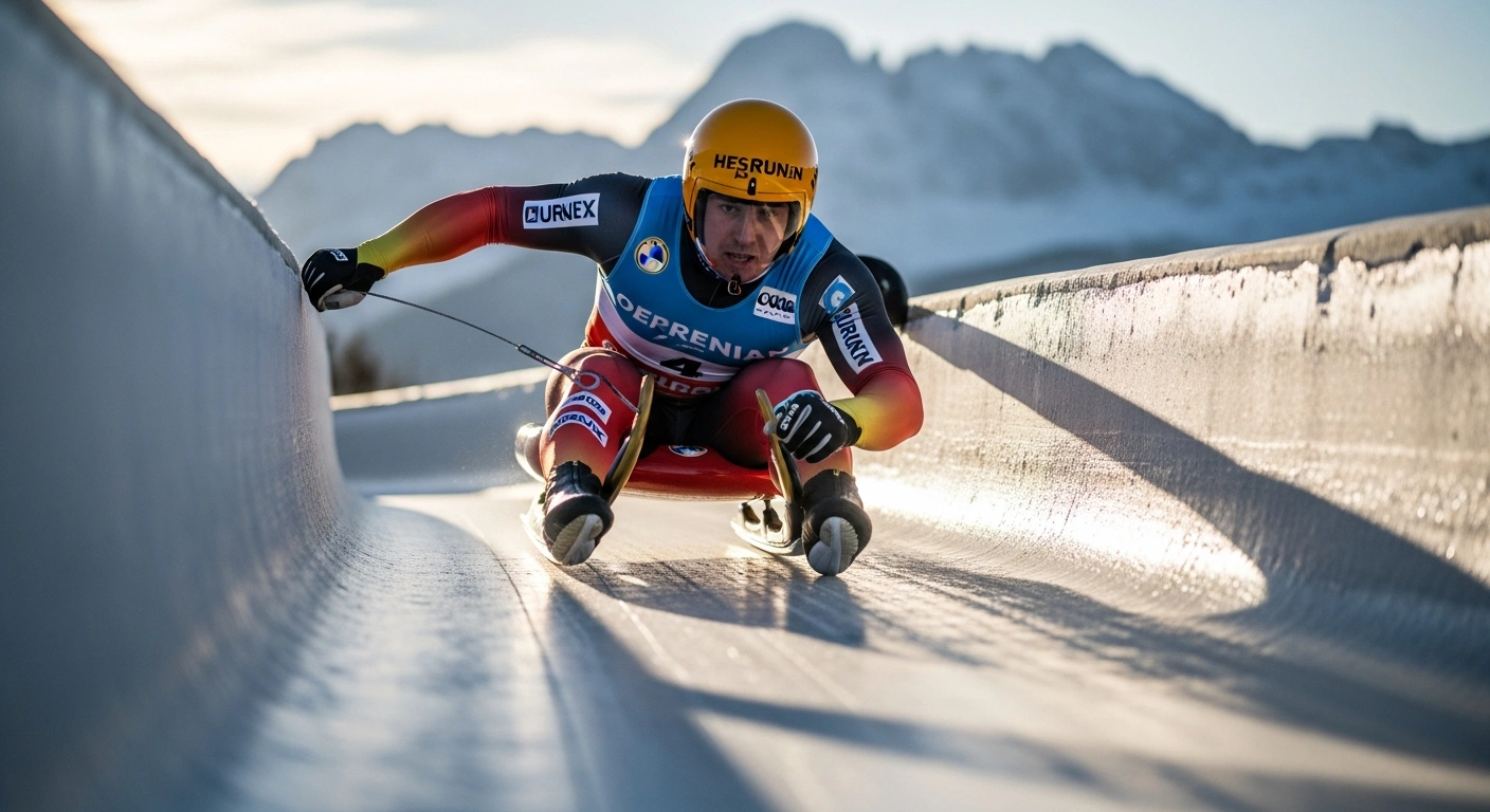 German luge athlete Max Langenhan is depicted mid-turn on an icy track, showcasing his commanding lead at the 2026 Winter Olympics in Cortina d'Ampezzo, Italy, after setting new track records.