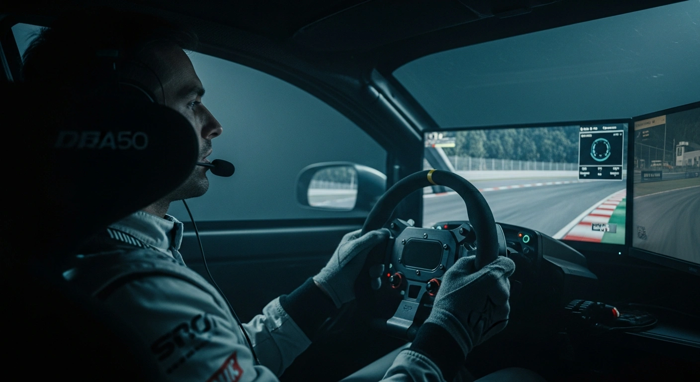Max Verstappen sits in a professional racing simulator cockpit during a virtual endurance race at the Nürburgring.