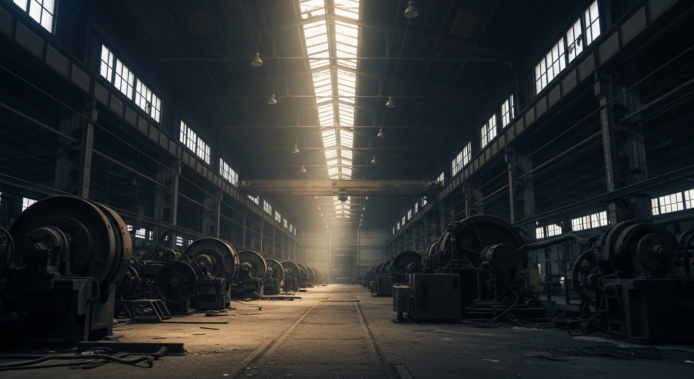 A wide, low-angle view of a deserted factory floor with silent, heavy machinery, illuminated by a single shaft of weak sunlight, symbolizing the cessation of operations at MaxamCorp International S.L.'s Russian factories following the closure of a pretrial investigation into EU ban violations.