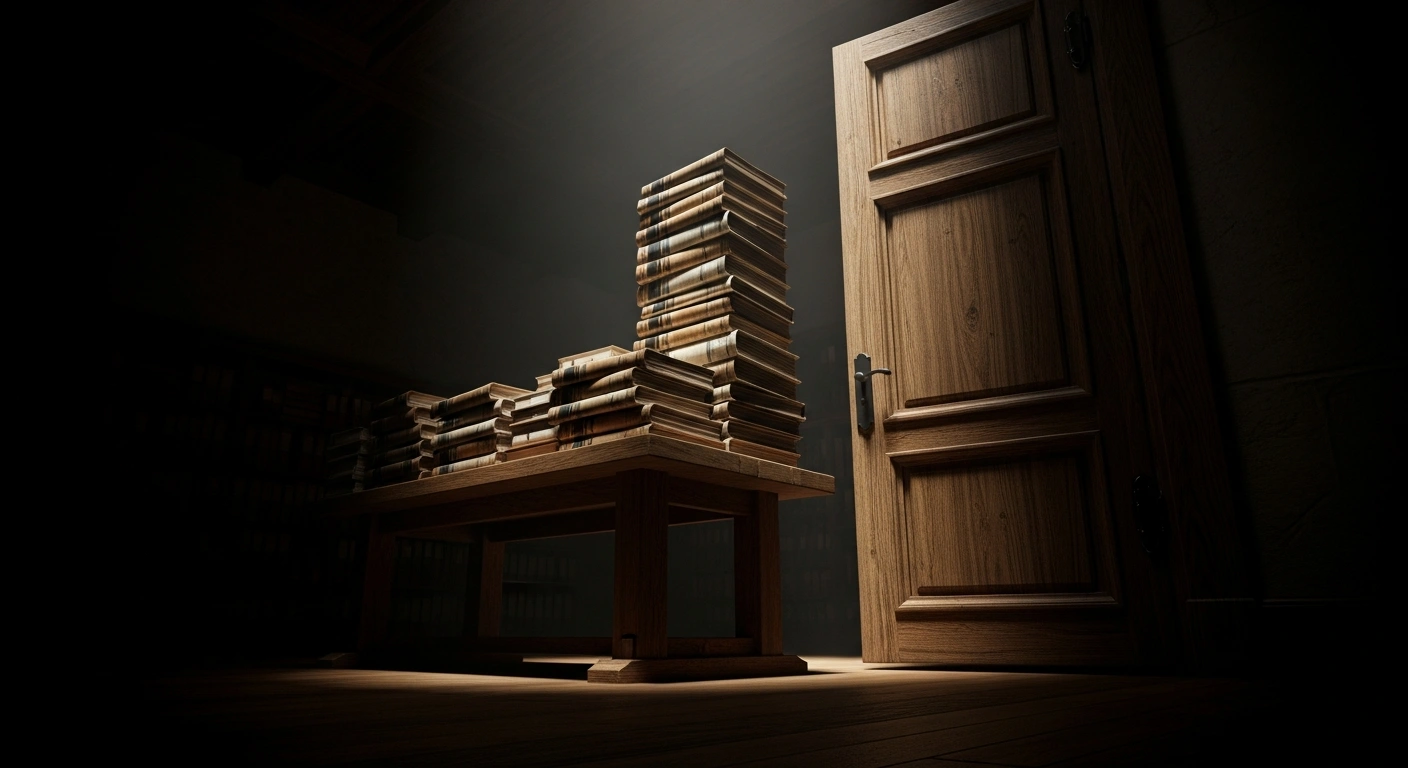 A dimly lit, cavernous archive room with a towering stack of aged, bound legal files on an oak table, illuminated by a dramatic shaft of dusty light, symbolizing the unsealing of investigative materials in the Ghislaine Maxwell sex trafficking case.