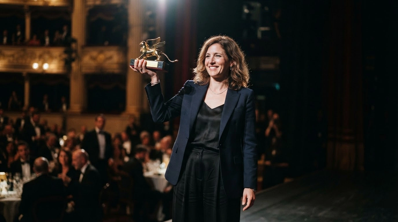 Danish filmmaker May El-Toukhy holds the Golden Lion trophy after winning Best Film at the 83rd Venice Film Festival.