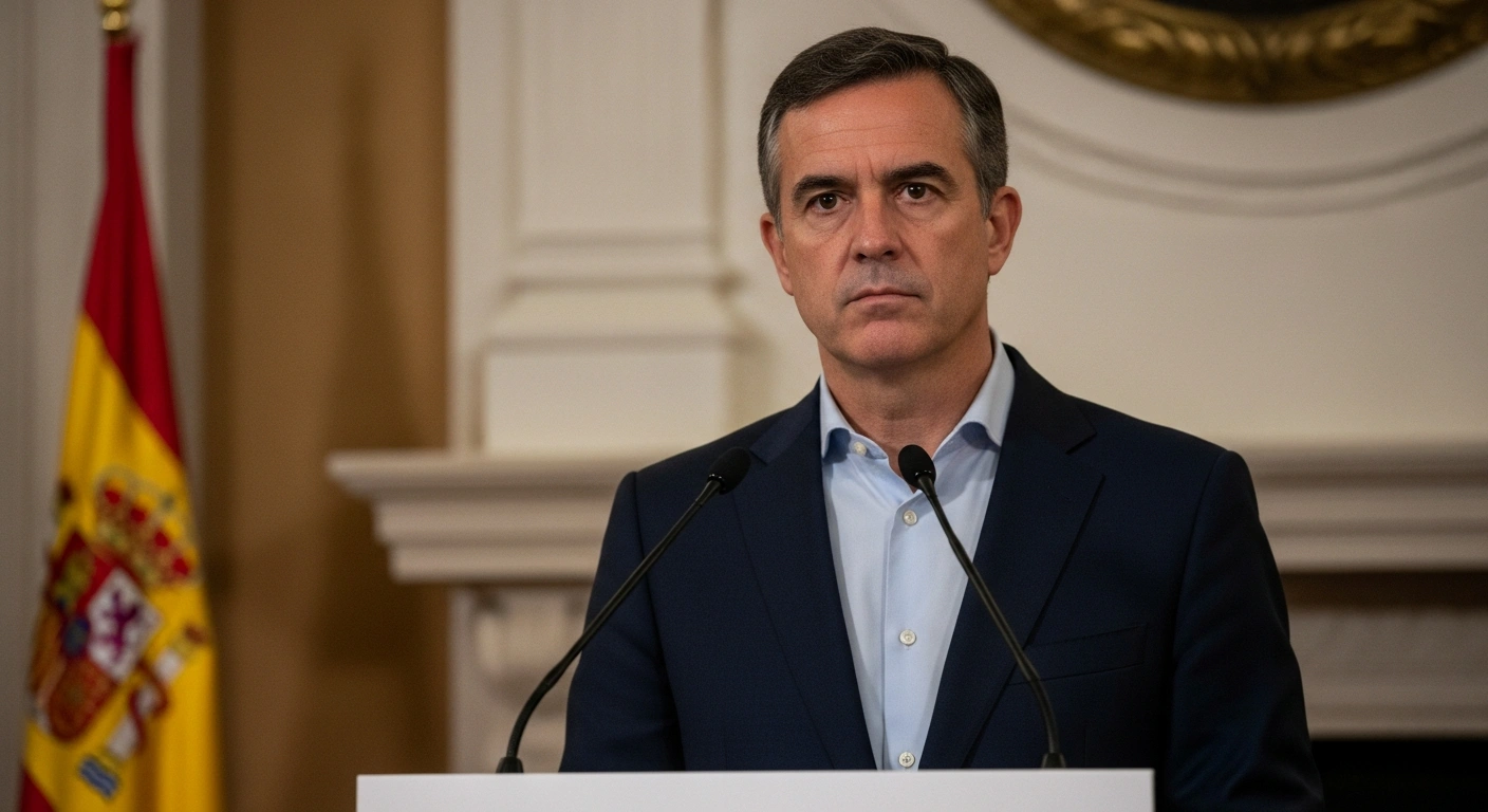 A defiant Manuel Bautista, Mayor of Móstoles, is shown in a dramatic medium close-up, standing resolute behind a polished podium with a steely gaze, symbolizing his denial of sexual and workplace harassment accusations and his announcement of legal action against a perceived political smear campaign.