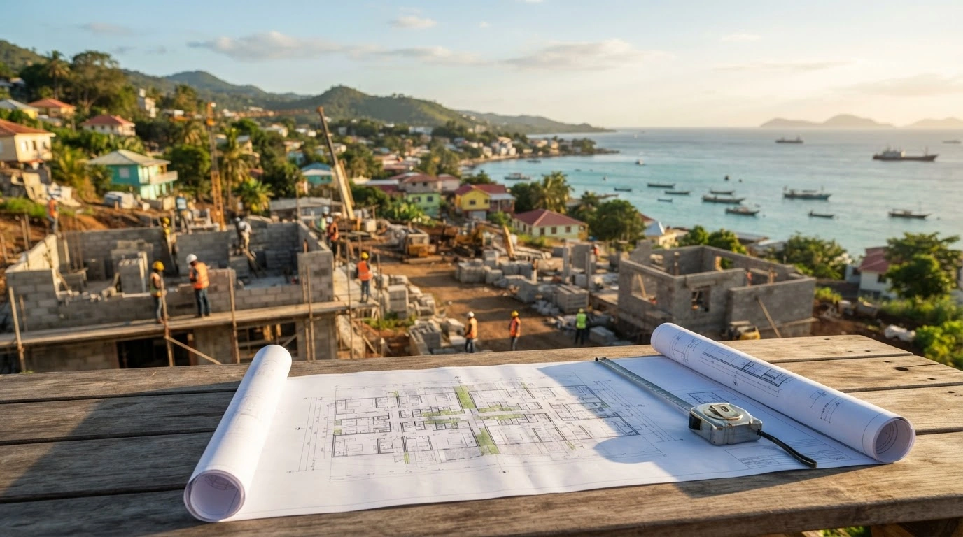A construction site in Mayotte shows new housing development projects as part of a French government initiative to improve infrastructure in the overseas territory.