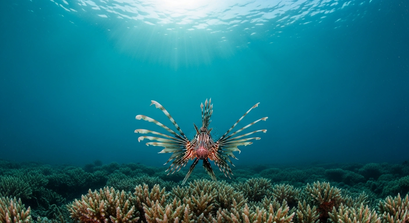 A solitary, menacing lionfish with fanned spines swims over a decaying coral reef in Mayotte's lagoon, illustrating the impact of invasive predators on delicate coral ecosystems amidst warming seas.