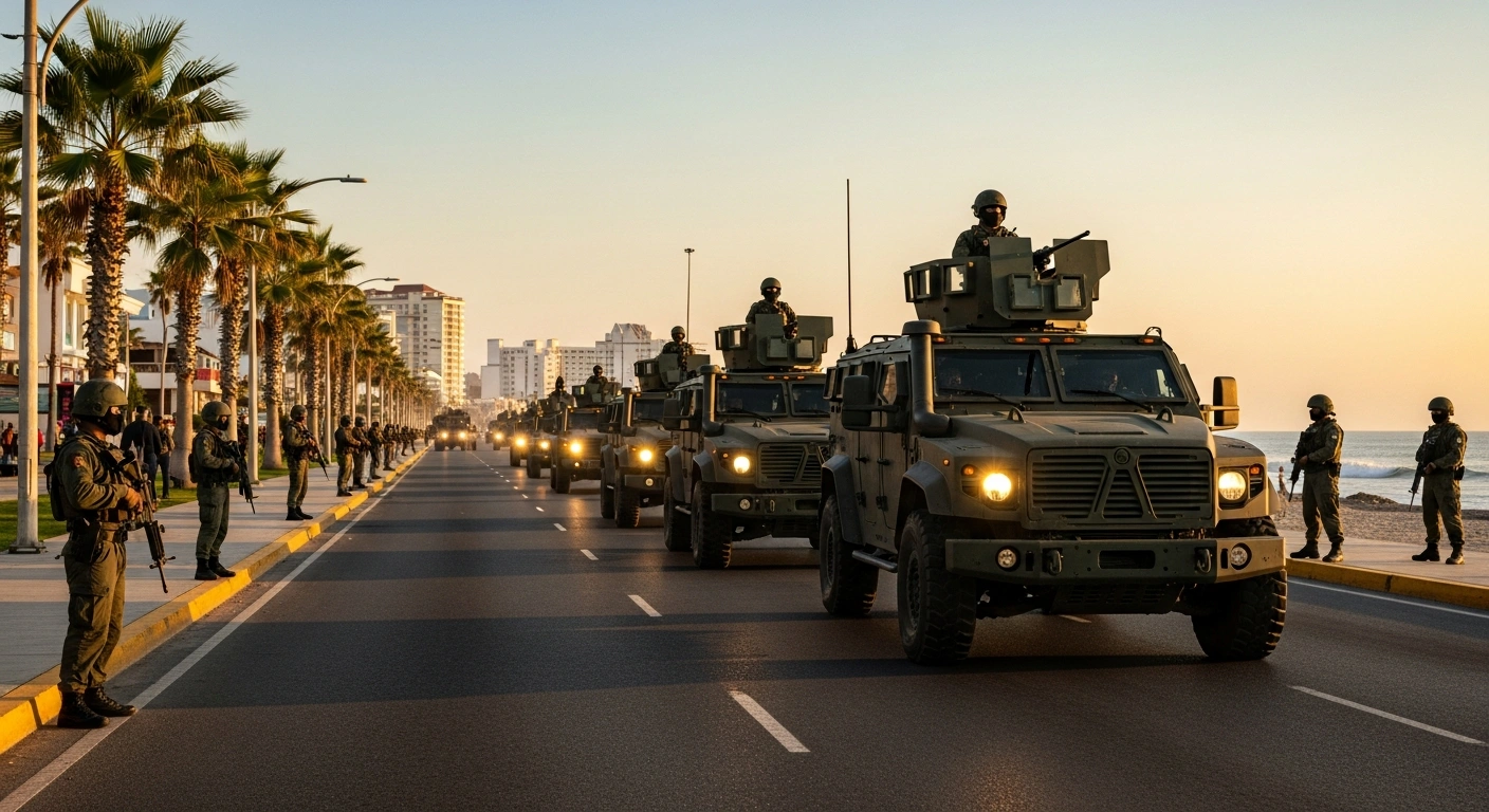 Mexican military personnel patrol a coastal street in Mazatlán to increase security following a surge in local violence.