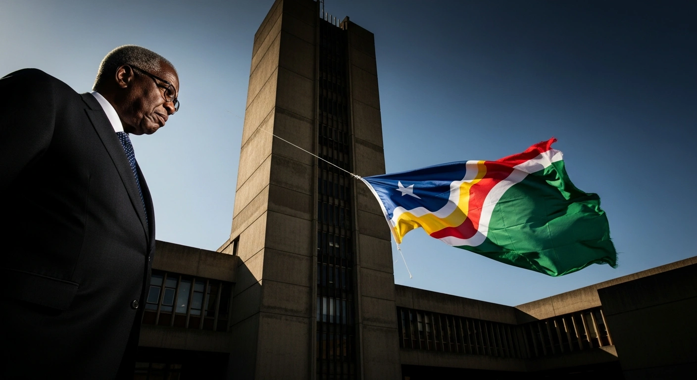 A distinguished figure, evoking former South African President Thabo Mbeki, stands before a towering, weathered concrete structure symbolizing an enduring apartheid-era system, as a modern political flag appears to be pulled downwards, representing the alleged undermining of the African National Congress and the success of the uMkhonto weSizwe (MK) Party in the 2024 elections.