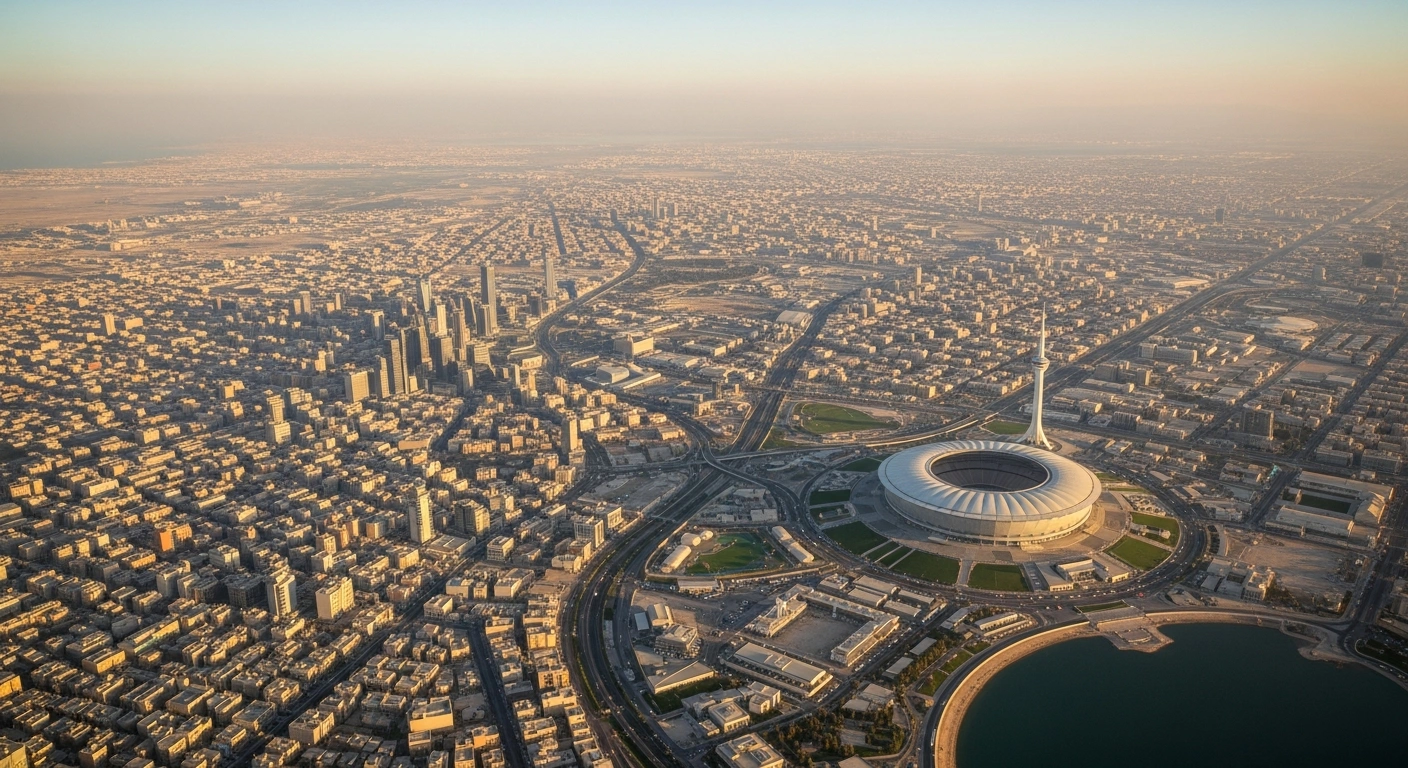 A high-resolution satellite image captured by the UAE's MBZ-Sat, showcasing Kuwait City and the prominent Jaber Al Ahmad International Stadium, commemorating Kuwait's 65th National Day.