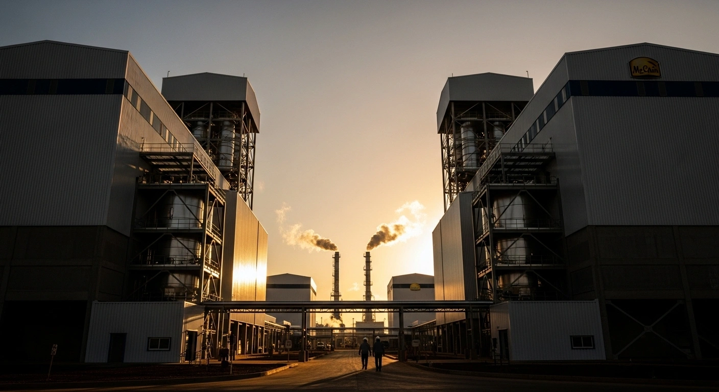 A vast, modern McCain Foods manufacturing facility in Araxá, Minas Gerais, Brazil, is illuminated by the golden light of dusk, showcasing its significant expansion and the economic growth from a R$1.8 billion investment that will create over 350 direct jobs.