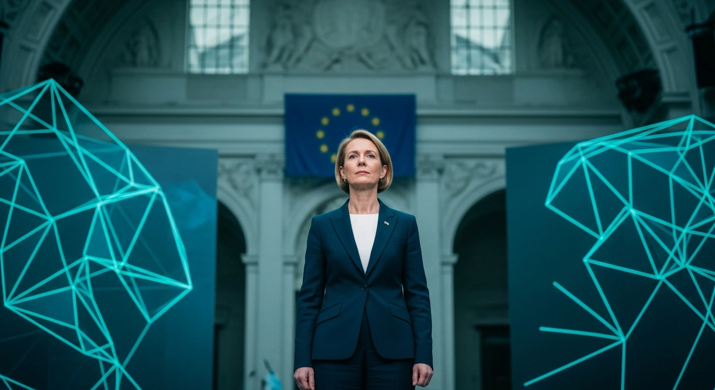 A low-angle, wide shot depicts a commanding female figure, representing Minister Helen McEntee, standing confidently before a grand architectural backdrop, symbolizing Ireland's preparations for its EU Presidency with a focus on values, security, and competitiveness.