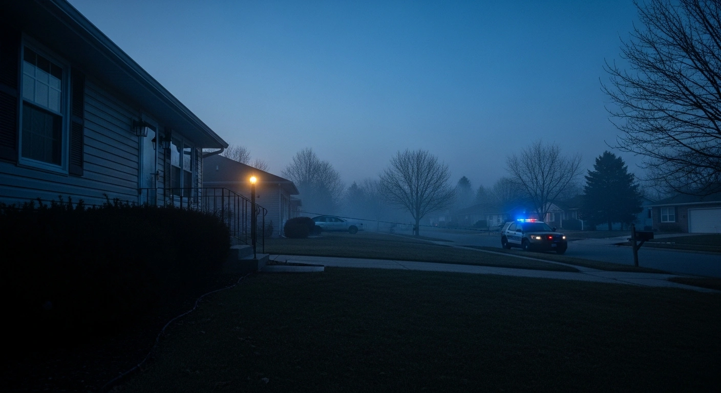 A wide, cinematic shot of a quiet suburban home at dawn, with a police vehicle discreetly parked down the street, symbolizing the investigation into the shooting deaths of Monique and Dr. Spencer Tepe and the arrest of Michael David McKee.