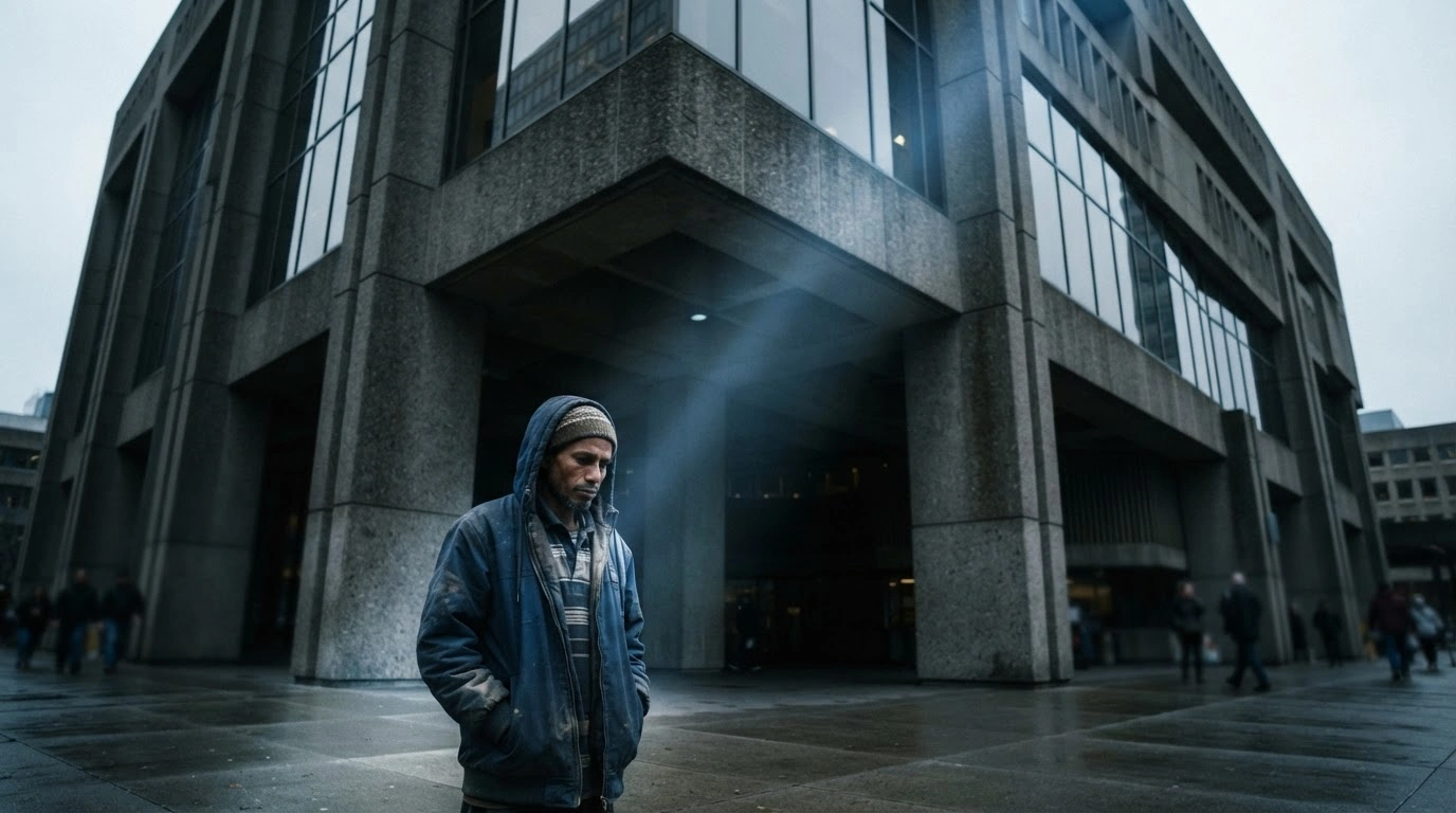 A solitary immigrant stands outside a government building representing the impact of federal Medicaid eligibility changes on vulnerable populations.