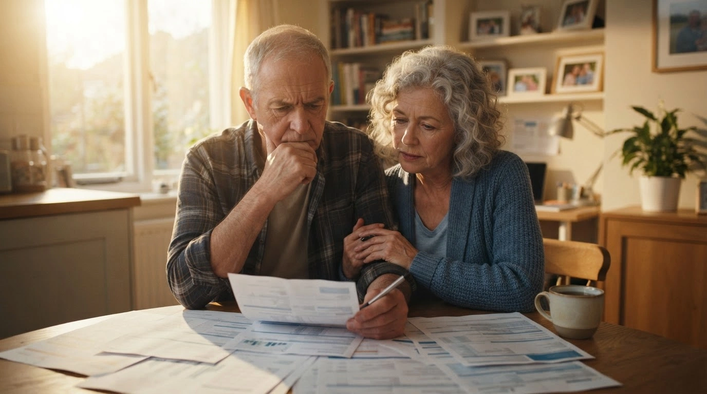 An elderly couple reviews complex insurance documents at their kitchen table while considering potential changes to their Medicare Advantage plans for 2027.
