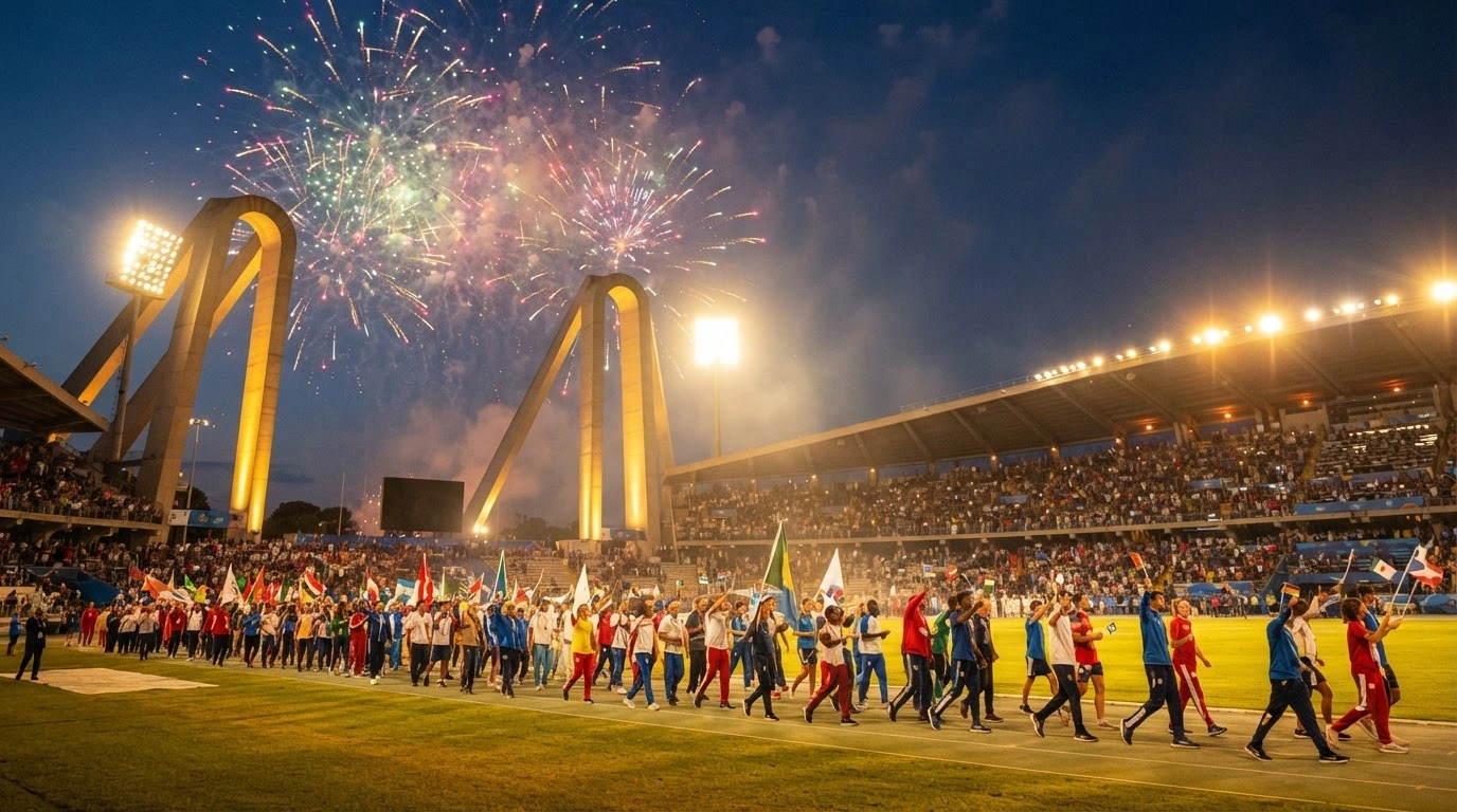 Athletes from international delegations march during the opening ceremony of the 20th Mediterranean Games in a brightly lit stadium in Taranto, Italy.
