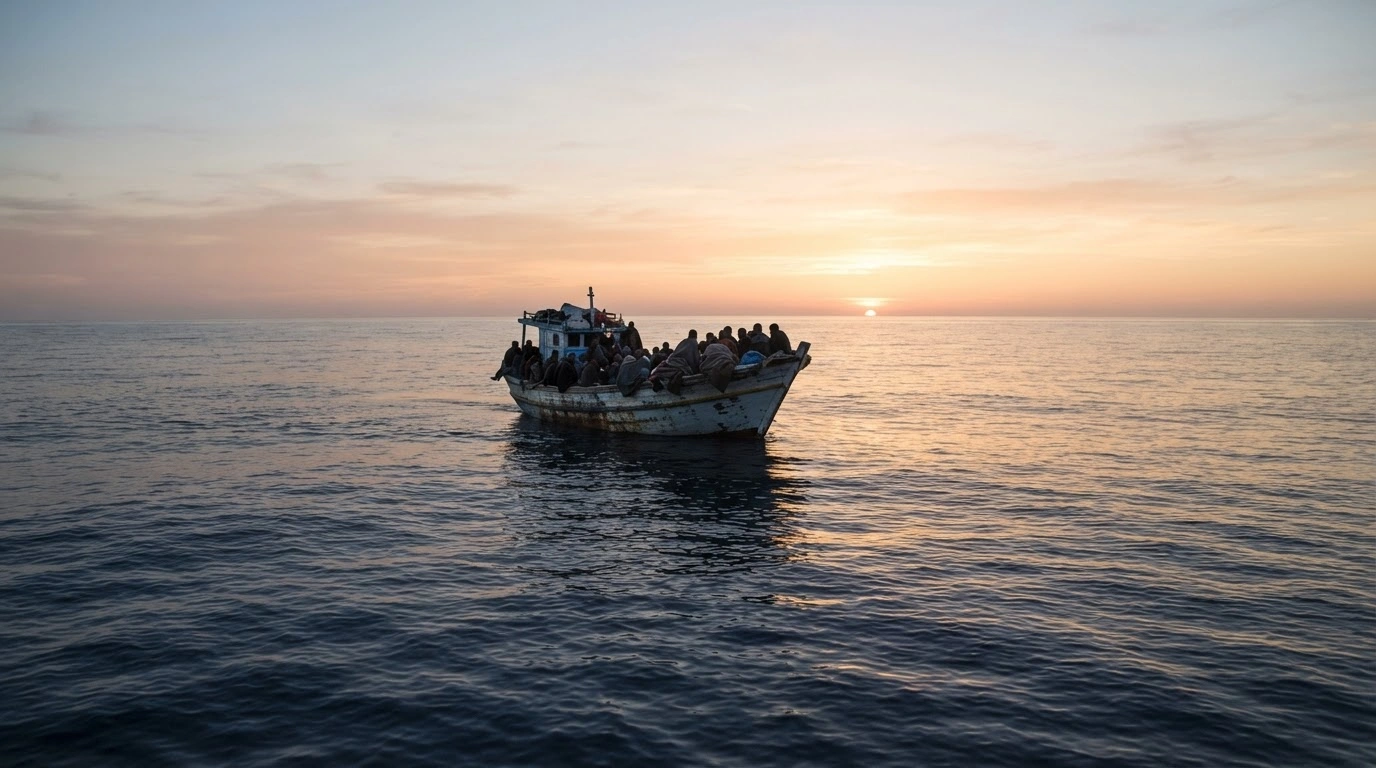A small migrant vessel navigates the Central Mediterranean Sea during a calm sunrise as part of the ongoing humanitarian situation in Italy.