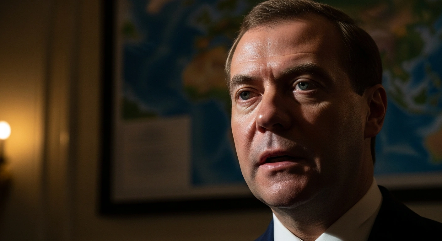 A dramatic, low-angle close-up portrait of Dmitry Medvedev, Deputy Chairman of Russia's Security Council, his face illuminated by high-contrast lighting, conveying the gravity of his warning about World War III if Donald Trump continues his course of regime change, following US and Israeli military actions in Iran.