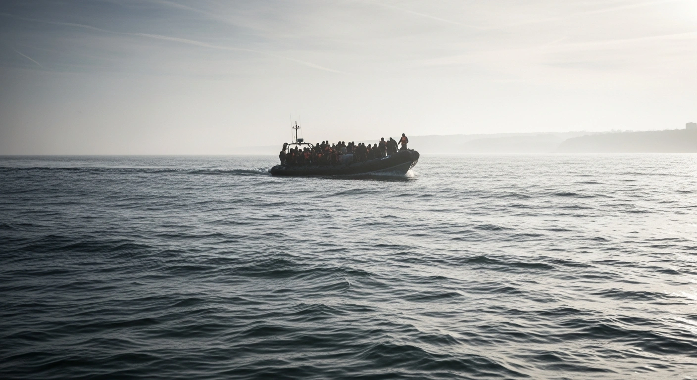 A large, overcrowded inflatable boat carrying hundreds of migrants travels across the choppy waters of the English Channel toward the United Kingdom.