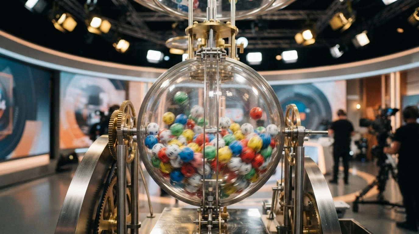 A professional lottery machine containing colorful numbered spheres is prepared for the Mega-Sena draw held by Caixa Econômica Federal.