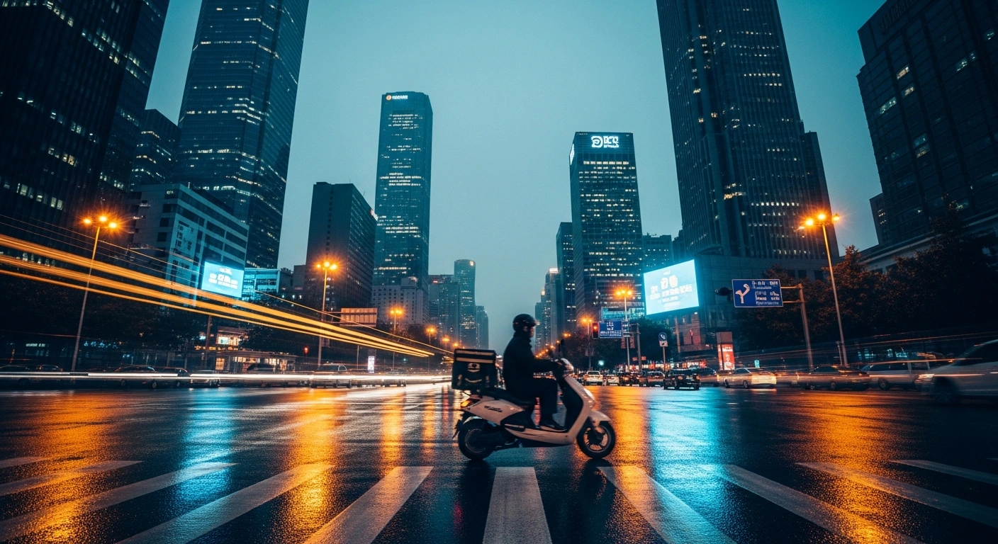 A delivery rider navigates a busy Beijing street at night, representing the operational challenges faced by Meituan in China's competitive digital economy.