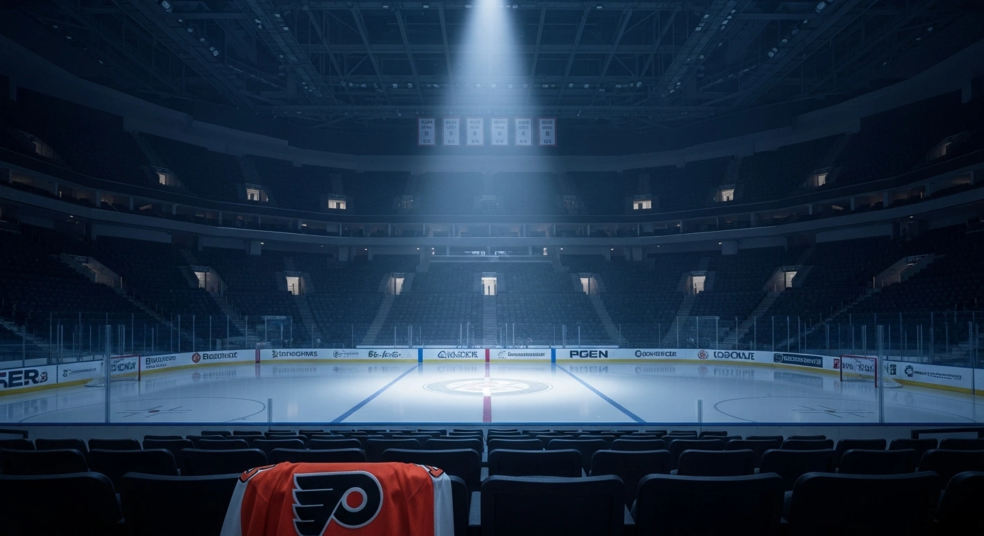 A dimly lit, empty hockey arena with a single spotlight on center ice and a vintage Philadelphia Flyers jersey draped over a seat, symbolizing the passing of former NHL player and General Manager Mel Bridgman.