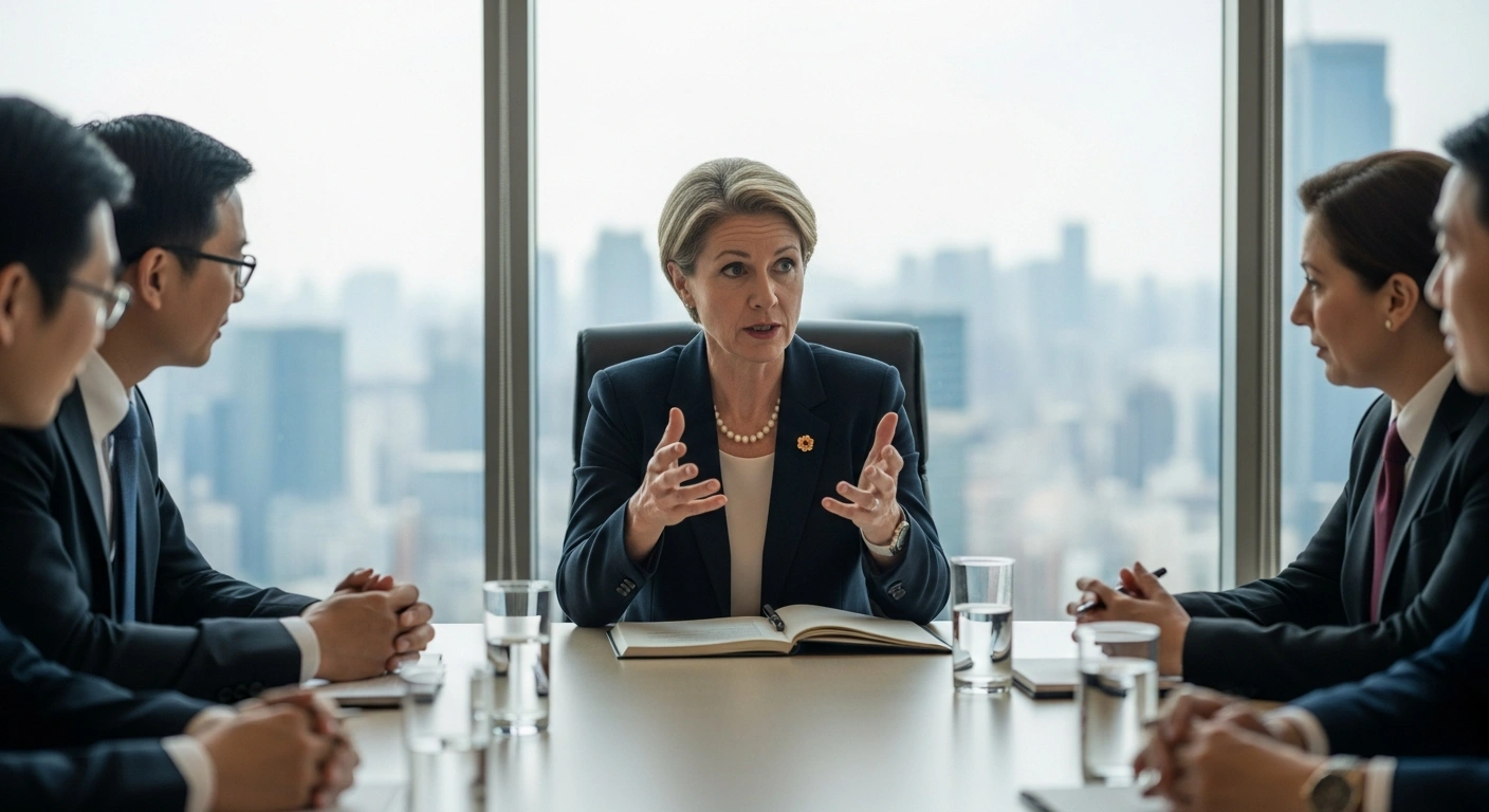 Canadian Minister of Foreign Affairs Mélanie Joly participates in a formal diplomatic meeting during her official visit to China and Japan to discuss international relations.