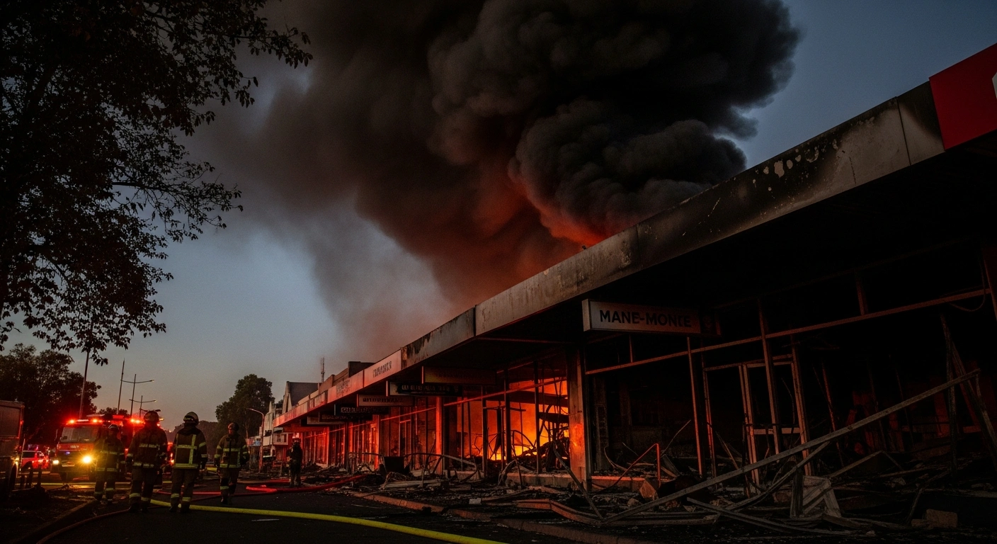 Emergency responders investigate the charred remains of several businesses in Sunshine, Melbourne, following a major fire caused by a suspected ram-raid.